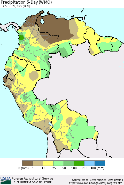 Northern South America Precipitation 5-Day (WMO) Thematic Map For 2/16/2022 - 2/20/2022