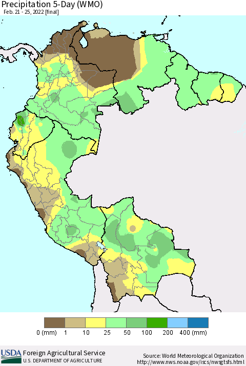 Northern South America Precipitation 5-Day (WMO) Thematic Map For 2/21/2022 - 2/25/2022