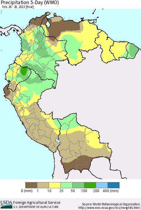 Northern South America Precipitation 5-Day (WMO) Thematic Map For 2/26/2022 - 2/28/2022
