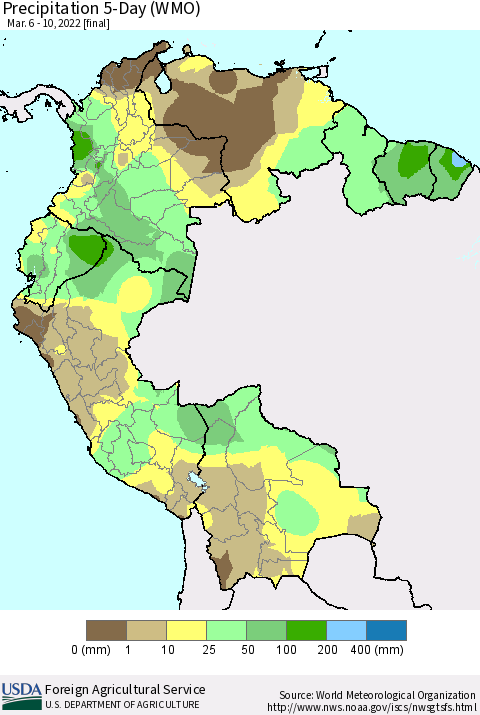 Northern South America Precipitation 5-Day (WMO) Thematic Map For 3/6/2022 - 3/10/2022