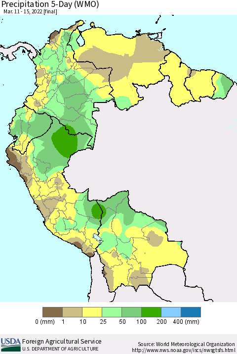 Northern South America Precipitation 5-Day (WMO) Thematic Map For 3/11/2022 - 3/15/2022