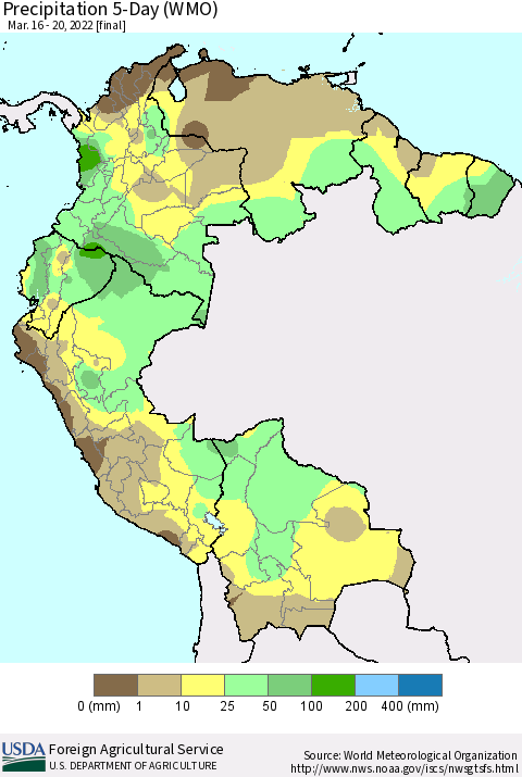 Northern South America Precipitation 5-Day (WMO) Thematic Map For 3/16/2022 - 3/20/2022