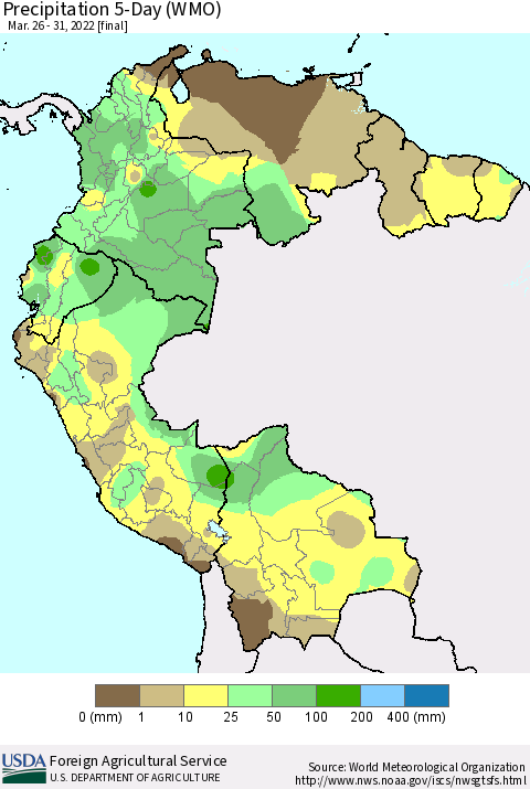 Northern South America Precipitation 5-Day (WMO) Thematic Map For 3/26/2022 - 3/31/2022