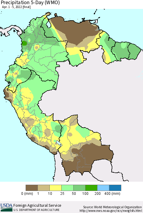 Northern South America Precipitation 5-Day (WMO) Thematic Map For 4/1/2022 - 4/5/2022