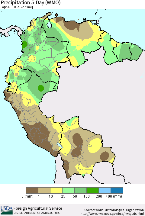 Northern South America Precipitation 5-Day (WMO) Thematic Map For 4/6/2022 - 4/10/2022