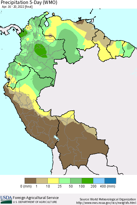Northern South America Precipitation 5-Day (WMO) Thematic Map For 4/16/2022 - 4/20/2022