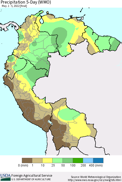 Northern South America Precipitation 5-Day (WMO) Thematic Map For 5/1/2022 - 5/5/2022