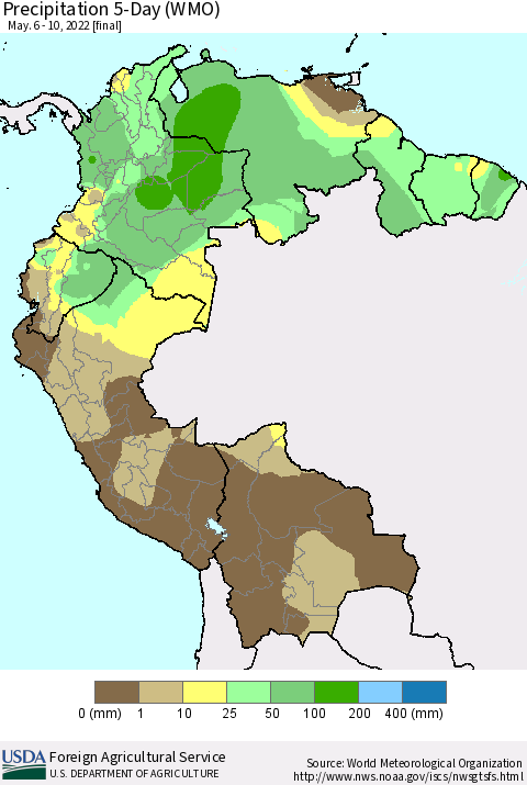 Northern South America Precipitation 5-Day (WMO) Thematic Map For 5/6/2022 - 5/10/2022