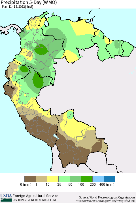Northern South America Precipitation 5-Day (WMO) Thematic Map For 5/11/2022 - 5/15/2022