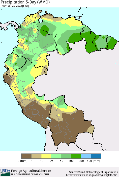 Northern South America Precipitation 5-Day (WMO) Thematic Map For 5/16/2022 - 5/20/2022