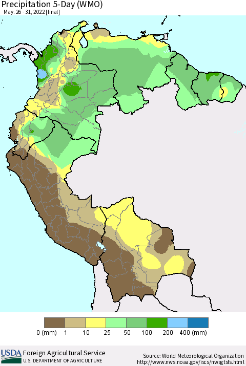 Northern South America Precipitation 5-Day (WMO) Thematic Map For 5/26/2022 - 5/31/2022