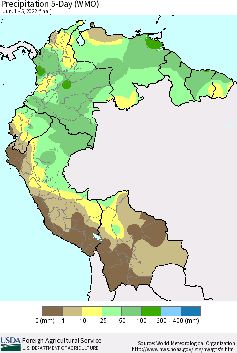 Northern South America Precipitation 5-Day (WMO) Thematic Map For 6/1/2022 - 6/5/2022