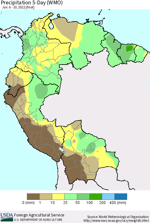 Northern South America Precipitation 5-Day (WMO) Thematic Map For 6/6/2022 - 6/10/2022