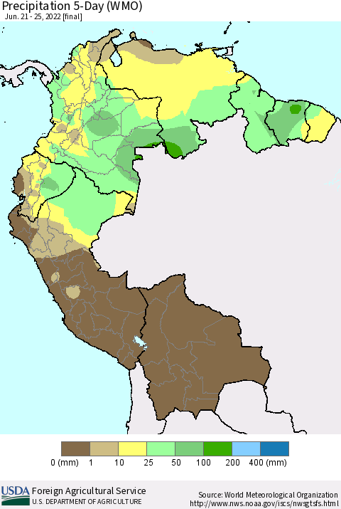 Northern South America Precipitation 5-Day (WMO) Thematic Map For 6/21/2022 - 6/25/2022