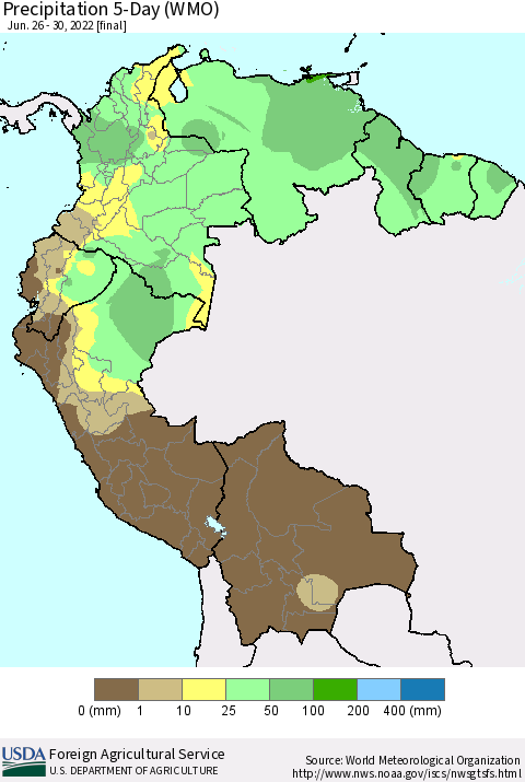 Northern South America Precipitation 5-Day (WMO) Thematic Map For 6/26/2022 - 6/30/2022