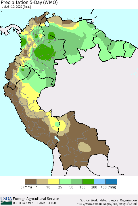 Northern South America Precipitation 5-Day (WMO) Thematic Map For 7/6/2022 - 7/10/2022