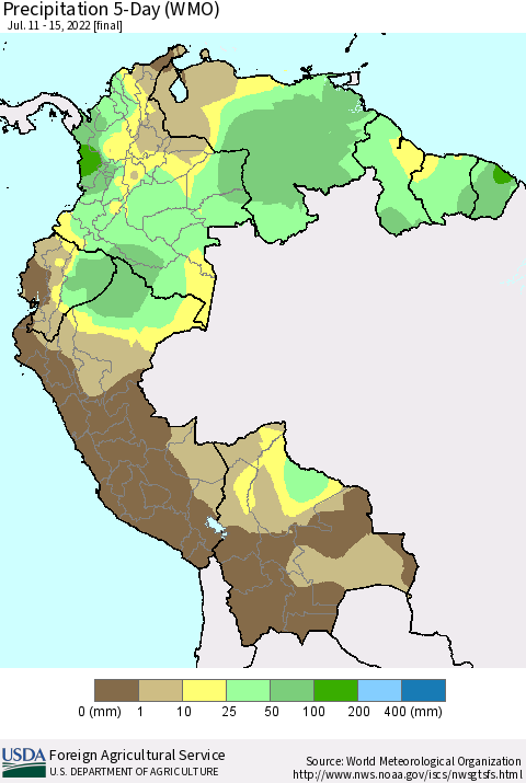 Northern South America Precipitation 5-Day (WMO) Thematic Map For 7/11/2022 - 7/15/2022