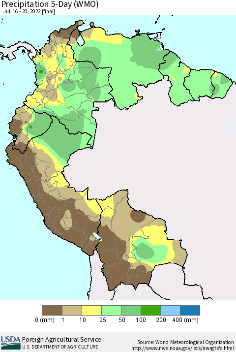 Northern South America Precipitation 5-Day (WMO) Thematic Map For 7/16/2022 - 7/20/2022