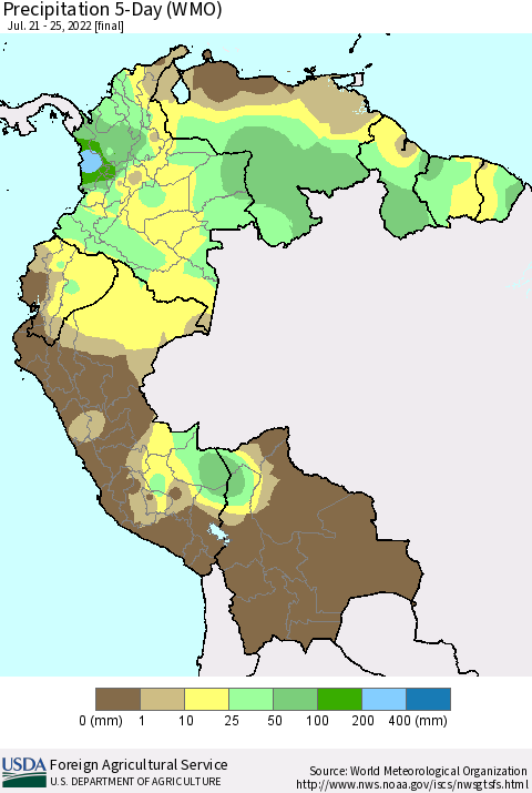 Northern South America Precipitation 5-Day (WMO) Thematic Map For 7/21/2022 - 7/25/2022