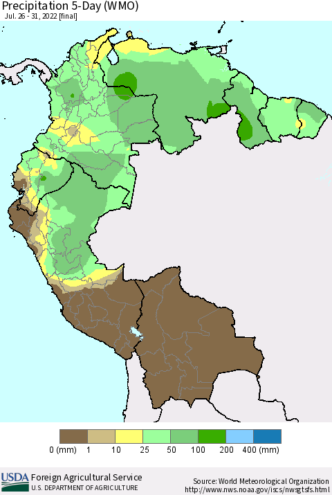Northern South America Precipitation 5-Day (WMO) Thematic Map For 7/26/2022 - 7/31/2022