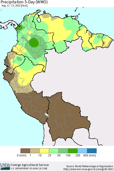 Northern South America Precipitation 5-Day (WMO) Thematic Map For 8/11/2022 - 8/15/2022