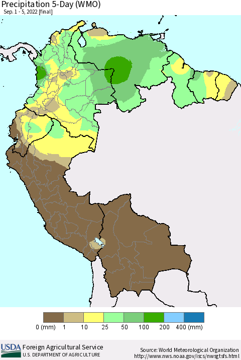 Northern South America Precipitation 5-Day (WMO) Thematic Map For 9/1/2022 - 9/5/2022