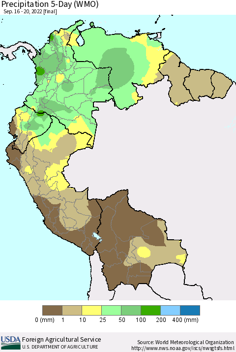 Northern South America Precipitation 5-Day (WMO) Thematic Map For 9/16/2022 - 9/20/2022