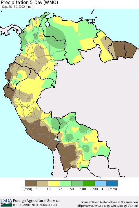 Northern South America Precipitation 5-Day (WMO) Thematic Map For 9/26/2022 - 9/30/2022
