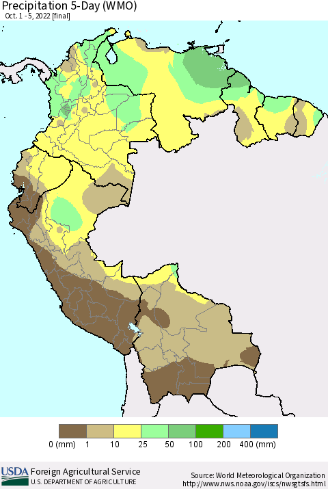 Northern South America Precipitation 5-Day (WMO) Thematic Map For 10/1/2022 - 10/5/2022