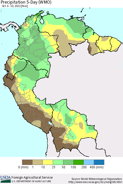 Northern South America Precipitation 5-Day (WMO) Thematic Map For 10/6/2022 - 10/10/2022