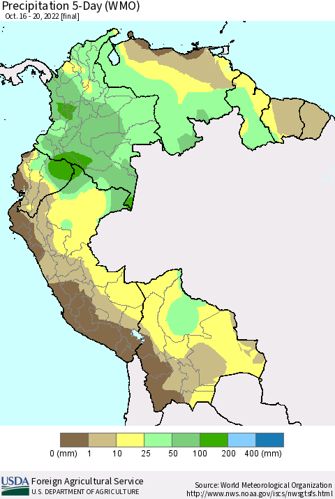 Northern South America Precipitation 5-Day (WMO) Thematic Map For 10/16/2022 - 10/20/2022