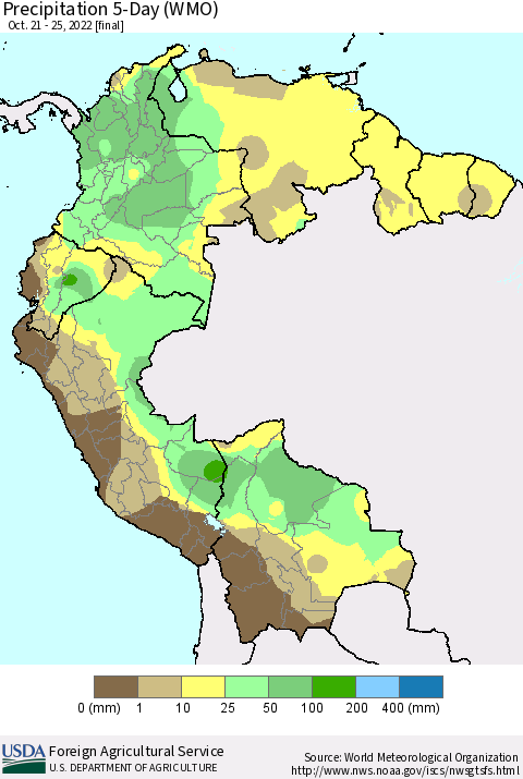 Northern South America Precipitation 5-Day (WMO) Thematic Map For 10/21/2022 - 10/25/2022