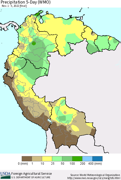 Northern South America Precipitation 5-Day (WMO) Thematic Map For 11/1/2022 - 11/5/2022