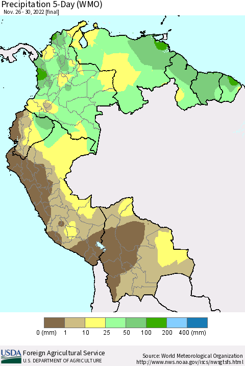 Northern South America Precipitation 5-Day (WMO) Thematic Map For 11/26/2022 - 11/30/2022