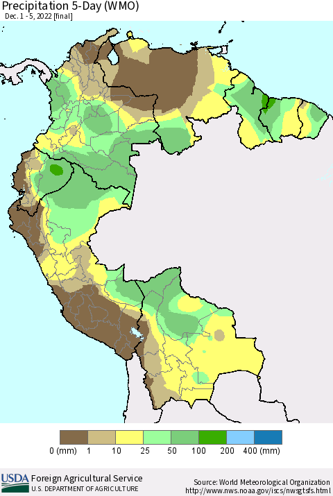 Northern South America Precipitation 5-Day (WMO) Thematic Map For 12/1/2022 - 12/5/2022