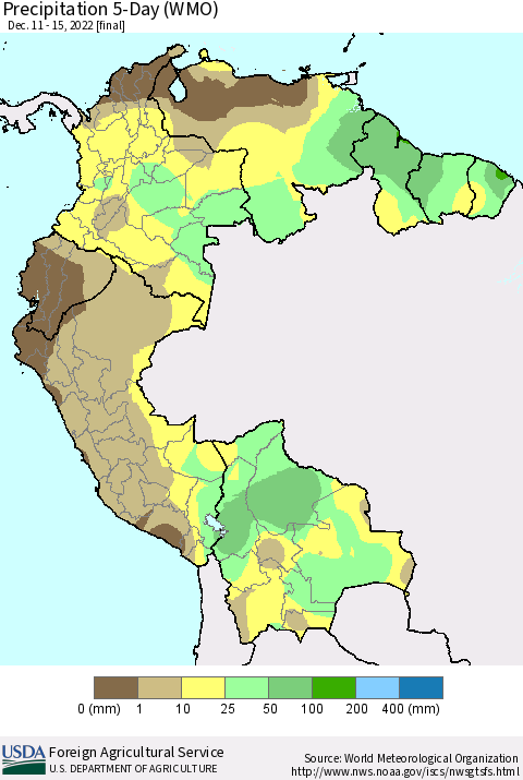 Northern South America Precipitation 5-Day (WMO) Thematic Map For 12/11/2022 - 12/15/2022
