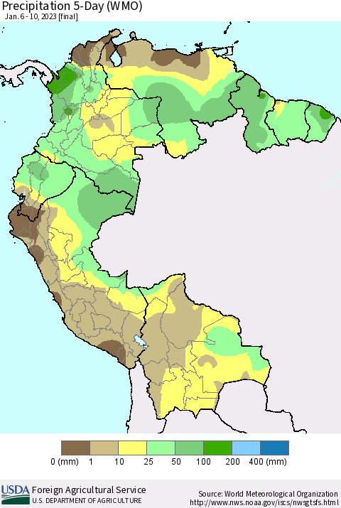 Northern South America Precipitation 5-Day (WMO) Thematic Map For 1/6/2023 - 1/10/2023