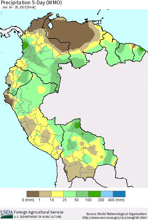Northern South America Precipitation 5-Day (WMO) Thematic Map For 1/16/2023 - 1/20/2023