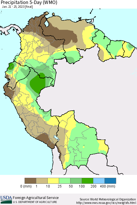 Northern South America Precipitation 5-Day (WMO) Thematic Map For 1/21/2023 - 1/25/2023