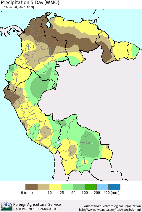 Northern South America Precipitation 5-Day (WMO) Thematic Map For 1/26/2023 - 1/31/2023