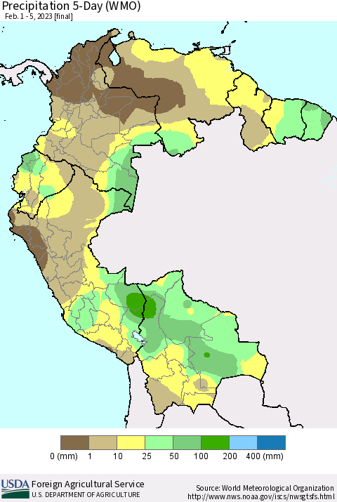 Northern South America Precipitation 5-Day (WMO) Thematic Map For 2/1/2023 - 2/5/2023
