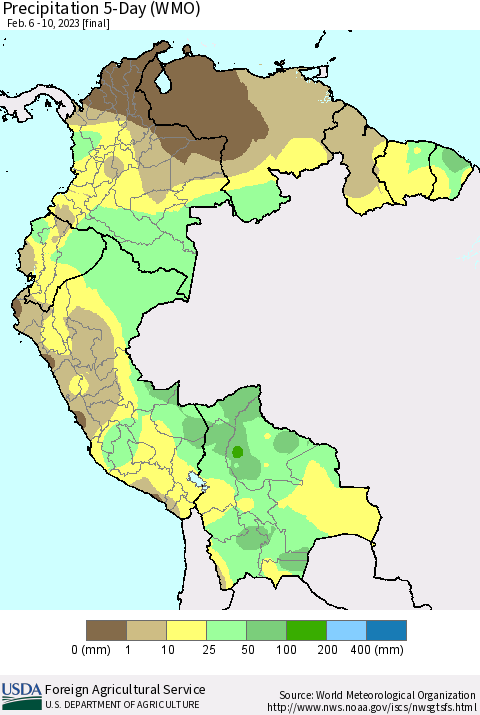 Northern South America Precipitation 5-Day (WMO) Thematic Map For 2/6/2023 - 2/10/2023