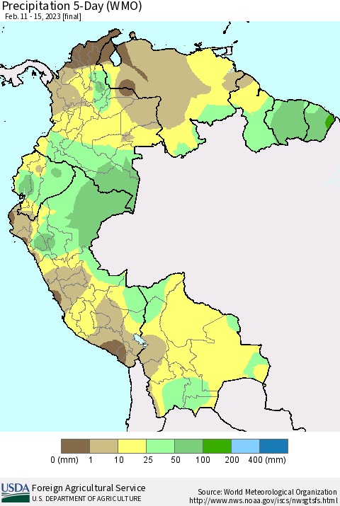 Northern South America Precipitation 5-Day (WMO) Thematic Map For 2/11/2023 - 2/15/2023