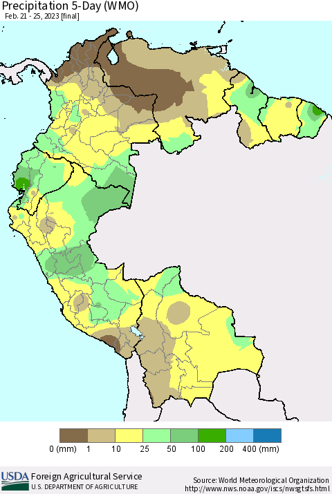 Northern South America Precipitation 5-Day (WMO) Thematic Map For 2/21/2023 - 2/25/2023