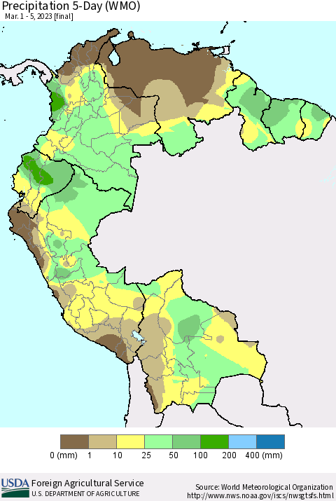 Northern South America Precipitation 5-Day (WMO) Thematic Map For 3/1/2023 - 3/5/2023