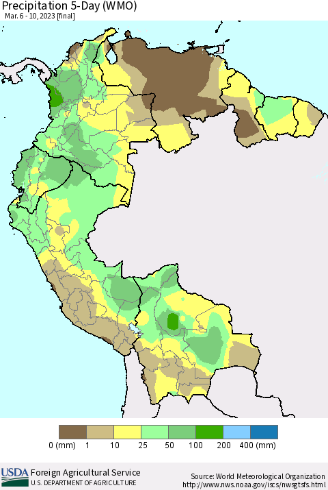 Northern South America Precipitation 5-Day (WMO) Thematic Map For 3/6/2023 - 3/10/2023