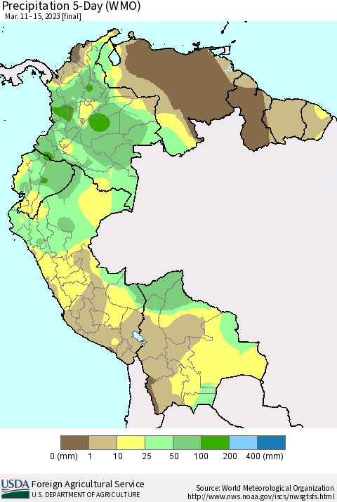 Northern South America Precipitation 5-Day (WMO) Thematic Map For 3/11/2023 - 3/15/2023