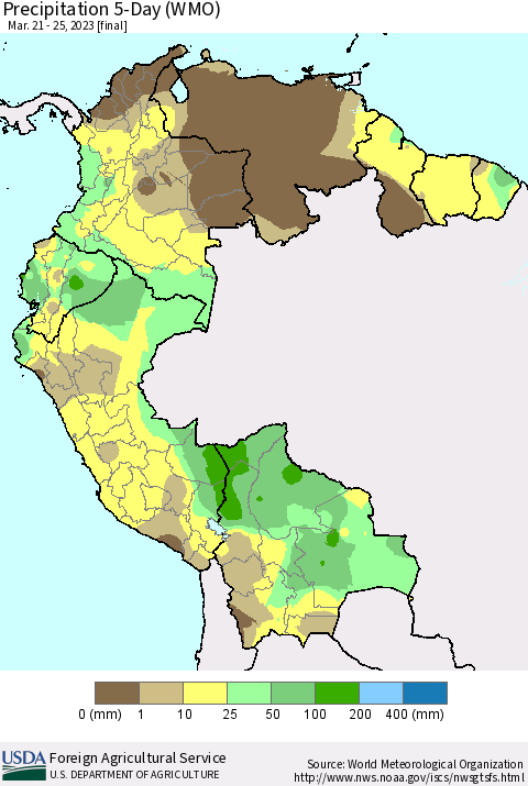Northern South America Precipitation 5-Day (WMO) Thematic Map For 3/21/2023 - 3/25/2023