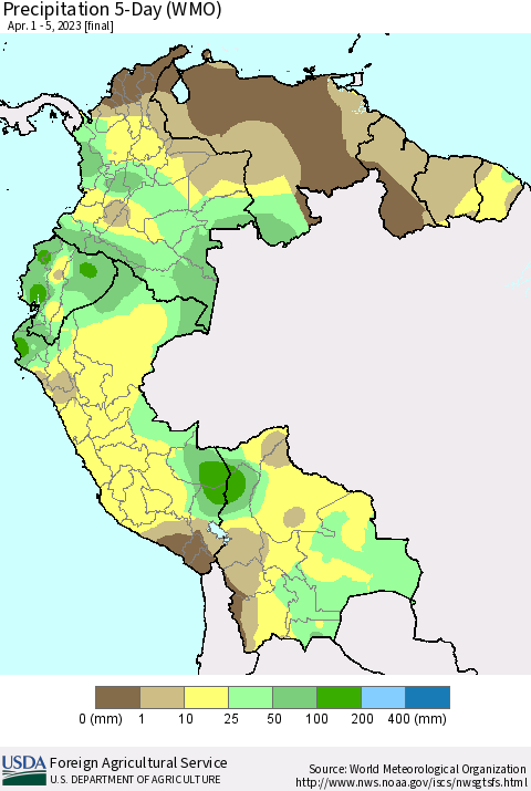 Northern South America Precipitation 5-Day (WMO) Thematic Map For 4/1/2023 - 4/5/2023