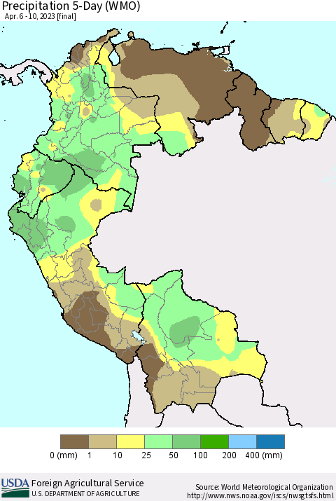 Northern South America Precipitation 5-Day (WMO) Thematic Map For 4/6/2023 - 4/10/2023